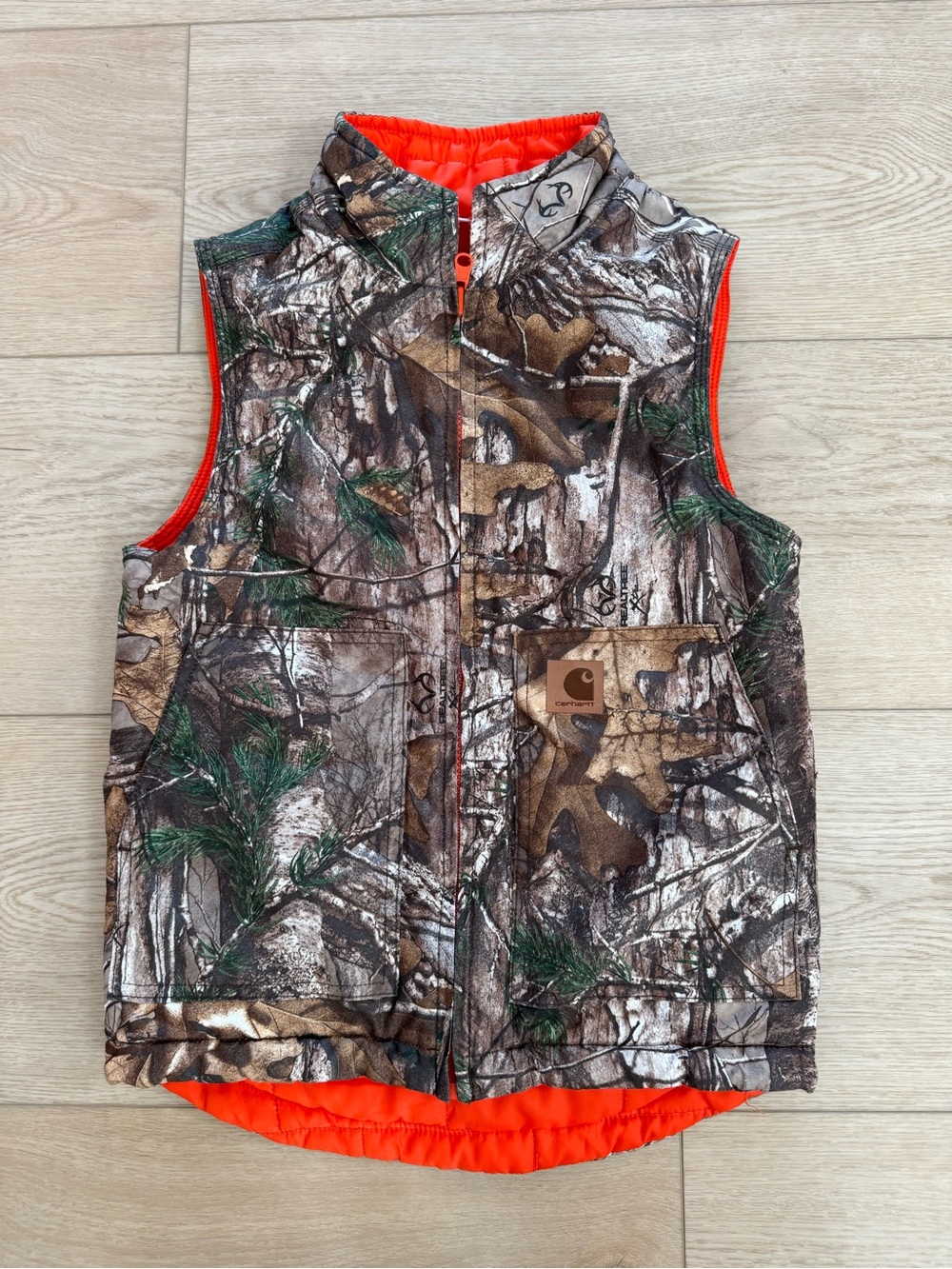 Carhartt Kids S 7/8 Reversible Realtree Camo Blaze Orange Hunting Vest